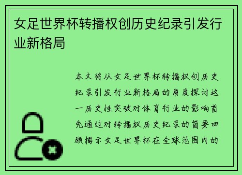 女足世界杯转播权创历史纪录引发行业新格局